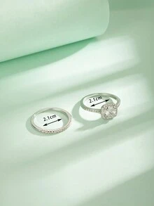 2入組奢華幾何大號aaa鉆石做工銀色戒指,女士多重組合婚禮首飾禮物 - 銀色 - 查看 6