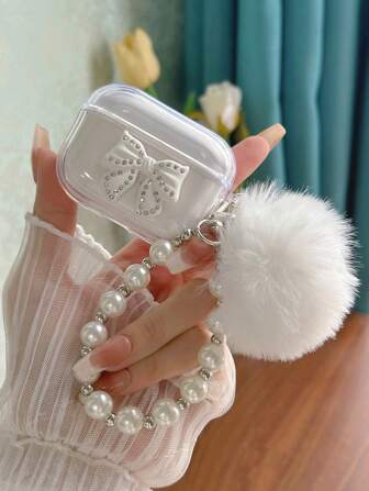 Apple Phone Case Bow Transparent Diamond Shaped Earphone Case With Bowknot, Pom Pom & Beaded Chain