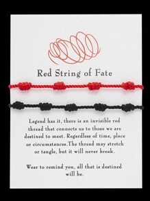 2pcs/Set Red And Mixed Color Adjustable Knotted Friendship Bracelets With 7 Knots Paper Card "Red String Of Fate" - Multicolor - View 4
