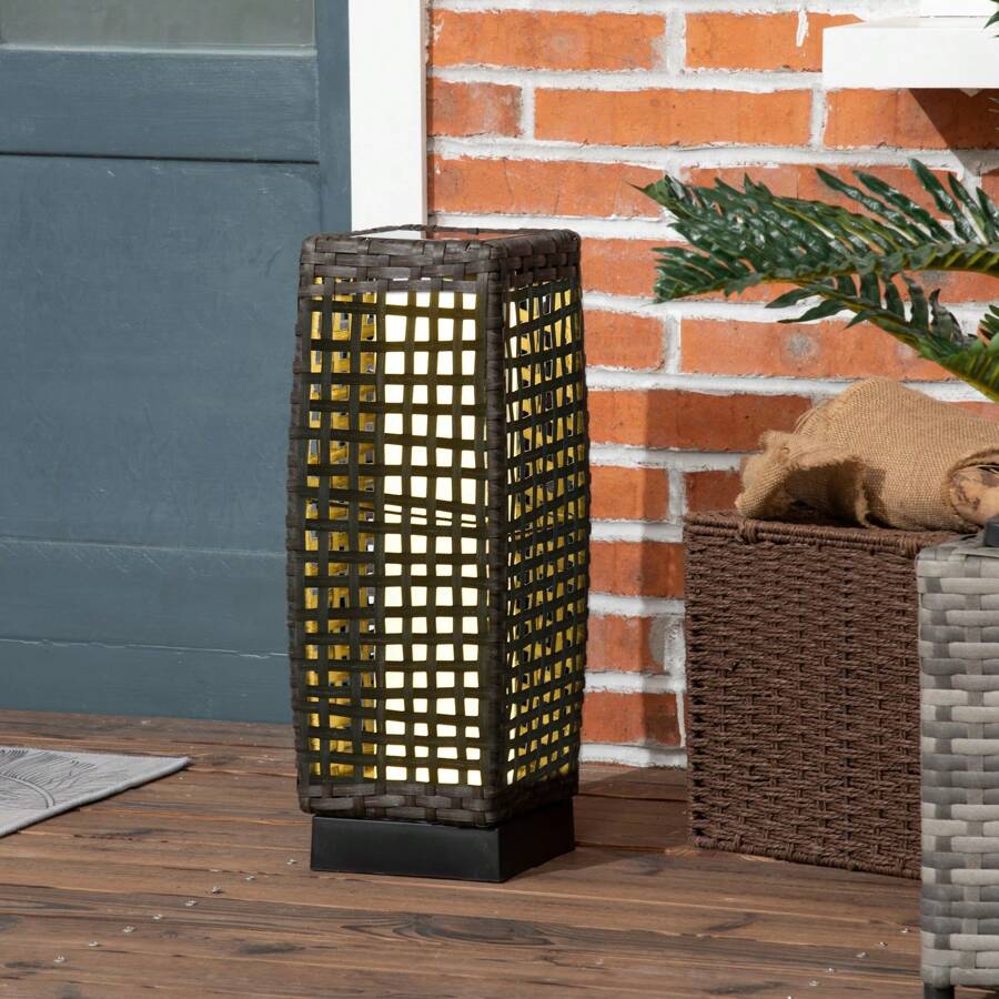 Outsunny Outdoor Rattan Solar Lantern, Brushed PE Wicker Patio Garden Lantern Wtih Auto On/Off Solar Powered LED Lights For Indoor & Outdoor Use, Porch, Yard, Lawn, Courtyard, Grey