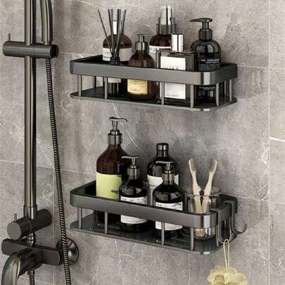 1 件免打孔浴室收纳架带毛巾杆家居浴室装饰浴室配件浴室收纳架秋季装饰返校、浴室配件、浴室架、浴室收纳架、收纳架、化妆品收纳架、架子、厨房收纳架