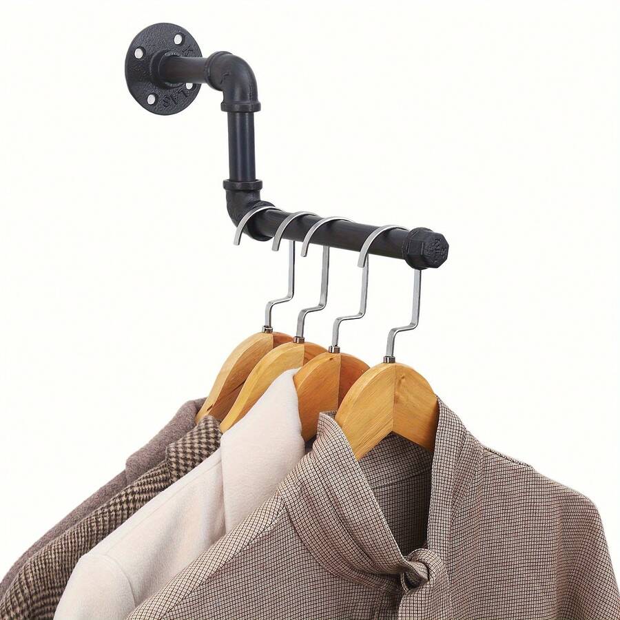 1入組工業風管子衣架-附螺絲的鐵製外套掛鉤,堅固的衣物管衣架,適用於臥室浴室櫥櫃洗衣房精品服裝店,黑色 - 黑色 - 查看 1