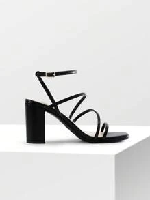 Women Chunky Heeled Sandals For Spring And Summer, Gorgeous Thin Strap Rhinestone High Heeled Sandals For Wedding, Party, Prom Valentines - 黑色 - 查看 7