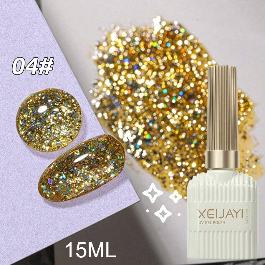 XEIJAYI 1pc 15ml Glam Up Your Nails With The Holographic Glitter Diamond Collection Gel Nail Polish Perfect For Beginners! - Gold - View 1