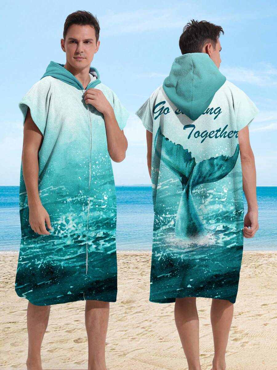 1入組鯨魚造型帶拉鍊連帽沙灘浴巾兼可穿戴浴袍,超細纖維速乾毛巾兼保暖毯,適合在沙灘、戶外、家裡使用防風/防曬 - 鯨魚 - 查看 1
