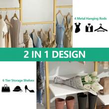 Gold/White Wall Mount Clothes Rack With 4 Hanging Rods, Clothing Rack With 6-Tier Adjustable Shelves, Closet Storage Organizer System Kit, Heavy Duty Garment Rack With Metal (80.43" L*78.62" H) - Gold - View 3
