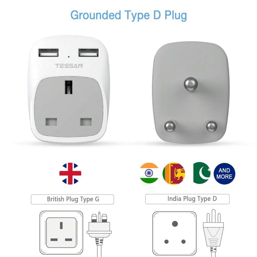 UK To India Plug Adapter With 2 USB, TESSAN Grounded UK To India Travel