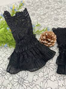 1 对百搭蕾丝短腕袖，女士网状花朵边框装饰假袖，短袖袖口适合运动衫和手套情人节情人节 - 黑色 - 查看 7