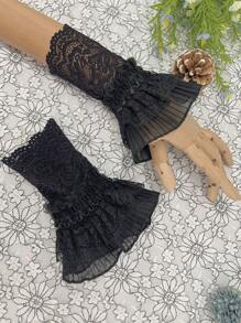 1 对百搭蕾丝短腕袖，女士网状花朵边框装饰假袖，短袖袖口适合运动衫和手套情人节情人节 - 黑色 - 查看 1
