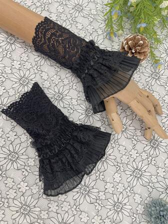 1pair All Match Lace Short Wrist Sleeve, Women's Mesh Flower Border Decoration False Sleeve, Short Sleeve Cuff For Sweatshirt & Gloves Valentine's Day Valentines