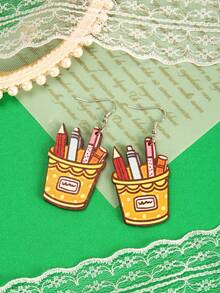 1對木質印花鉛筆和書形耳環作為送給女性,朋友,摯友,教師的禮物,時尚新奇對比色耳環 - 彩色 - 查看 3