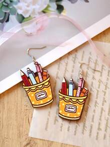 1對木質印花鉛筆和書形耳環作為送給女性,朋友,摯友,教師的禮物,時尚新奇對比色耳環 - 彩色 - 查看 1