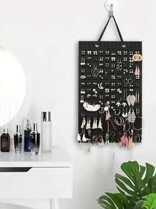1pc Felt Wall Hanging Jewelry Organizer With Pockets For Earrings, Necklaces, Rings And Accessories - Black - View 1