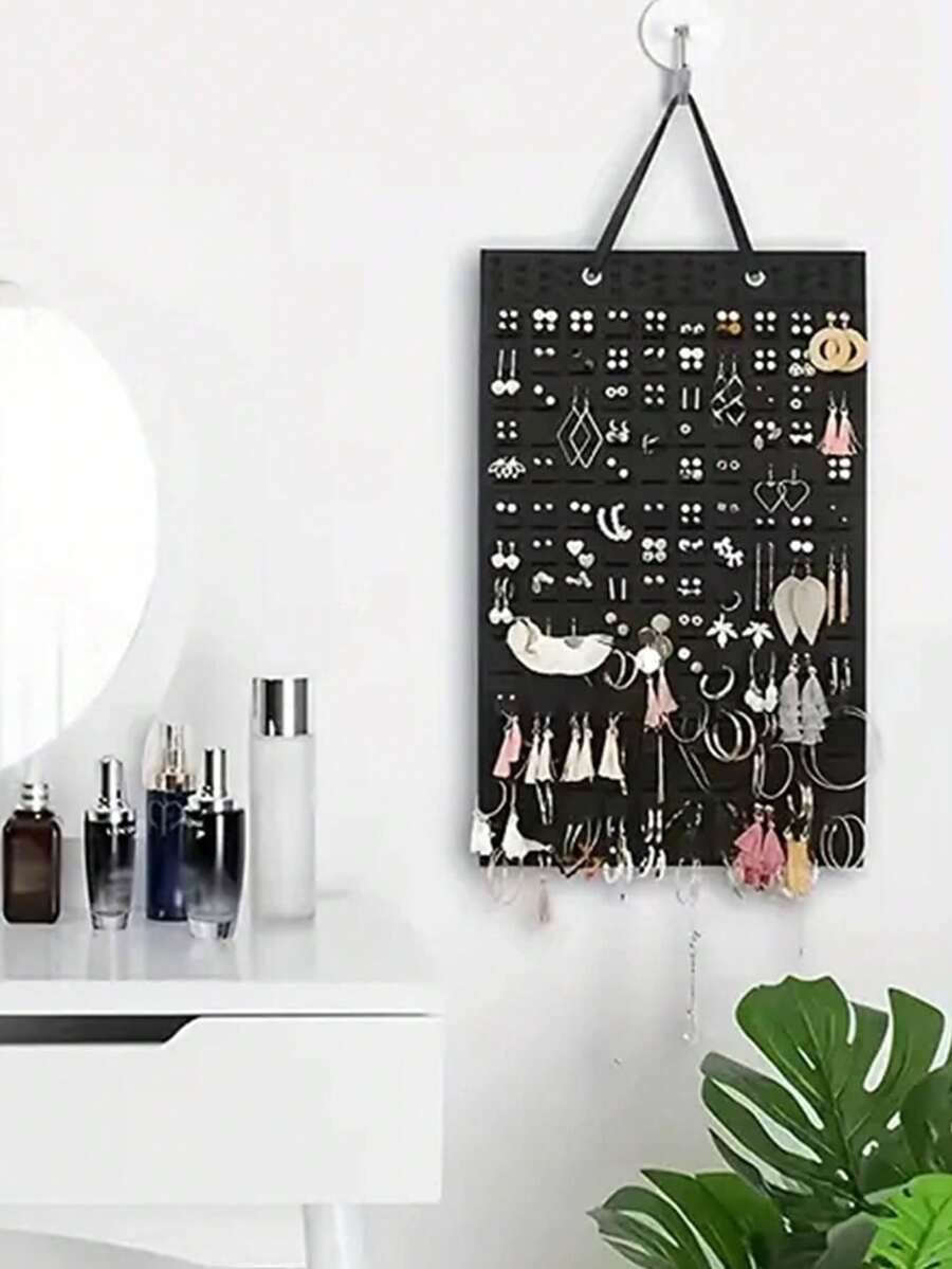 1pc Felt Wall Hanging Jewelry Organizer With Pockets For Earrings, Necklaces, Rings And Accessories - Black - View 1