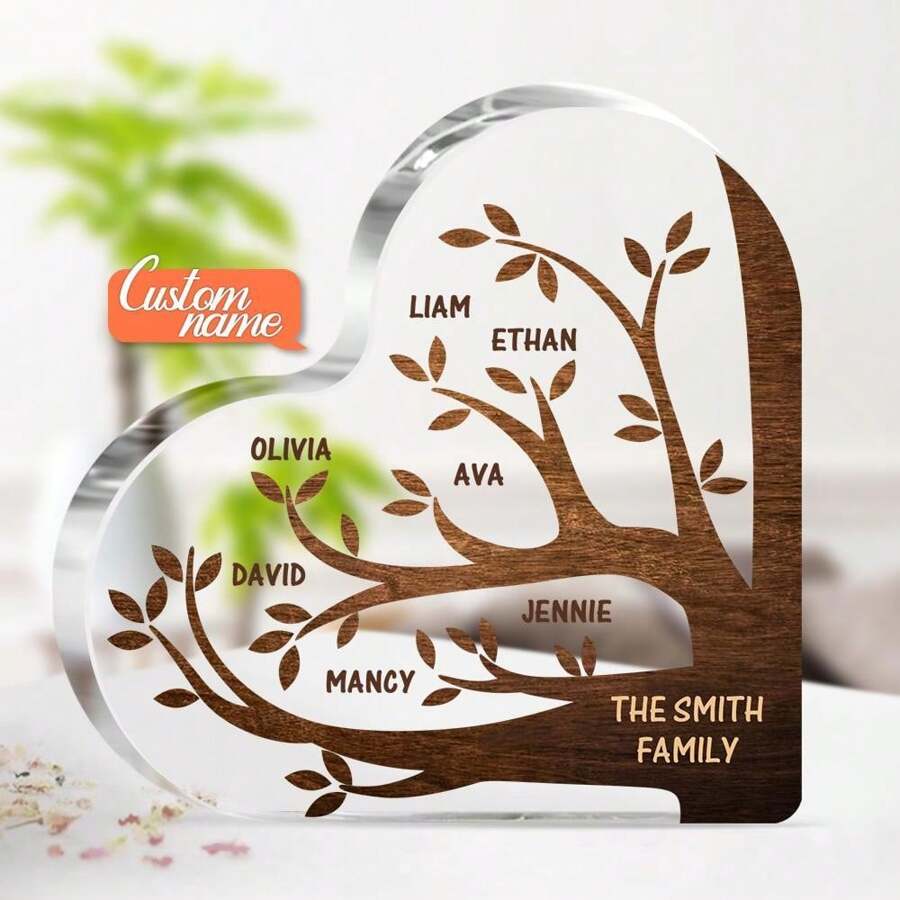 1入組最好的家庭樹禮物,每個家庭成員都會喜歡,家庭是你心中最大的祝福 - 心型壓克力牌,個人化禮物,適合贈送給父母、朋友和情人,適用於生日、情人節、母親節、紀念禮物,客製化心型厚壓克力裝飾品 10x10x1.2cm - 6個名字 - 查看 1