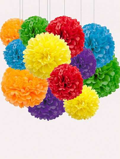 18pcs Colorful Paper Flower Party Decorations, Colorful Paper Pom Poms, 6 Colors Of Multi-Sized Paper Flower Balls, Wedding Party Decor Paper Pom Poms, Birthday Party Background Decoration, Suitable For Holidays, Anniversary, Wedding