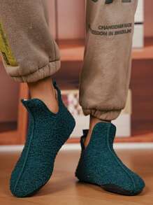 Men's Indoor Slippers, Warm Knitted Comfortable Anti-Slip Ankle Shoes, With Plush Lining, Suitable For Indoor Walking, Autumn And Winter - Green - View 4