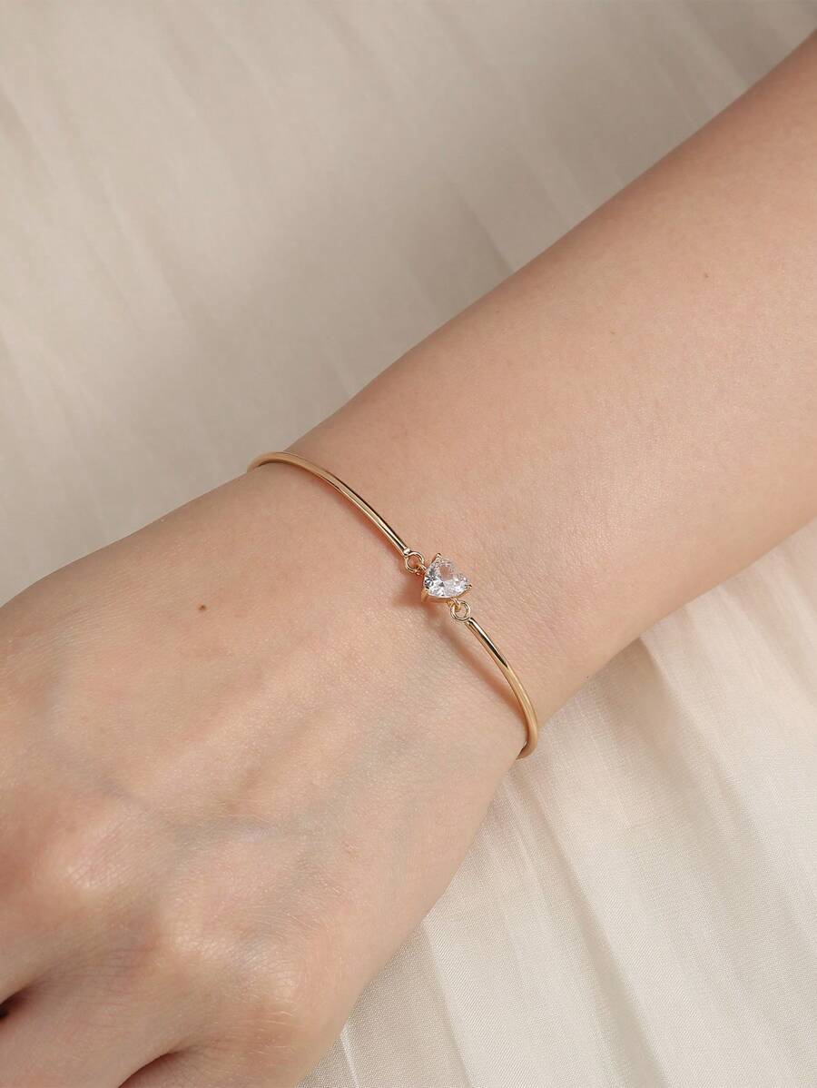 Nooxian 1pc Heart Shaped Cubic Zirconia Decor Bent Tube Bangle