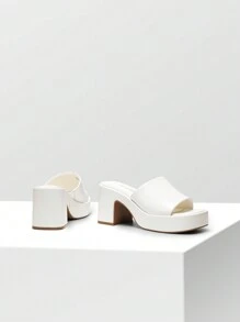 Women Minimalist Square Toe Chunky Platform Heeled Mule Sandals Elegant Slip On Square Open Toe Heeled Sandals For Outgoing School Party Prom - 白色 - 查看 5