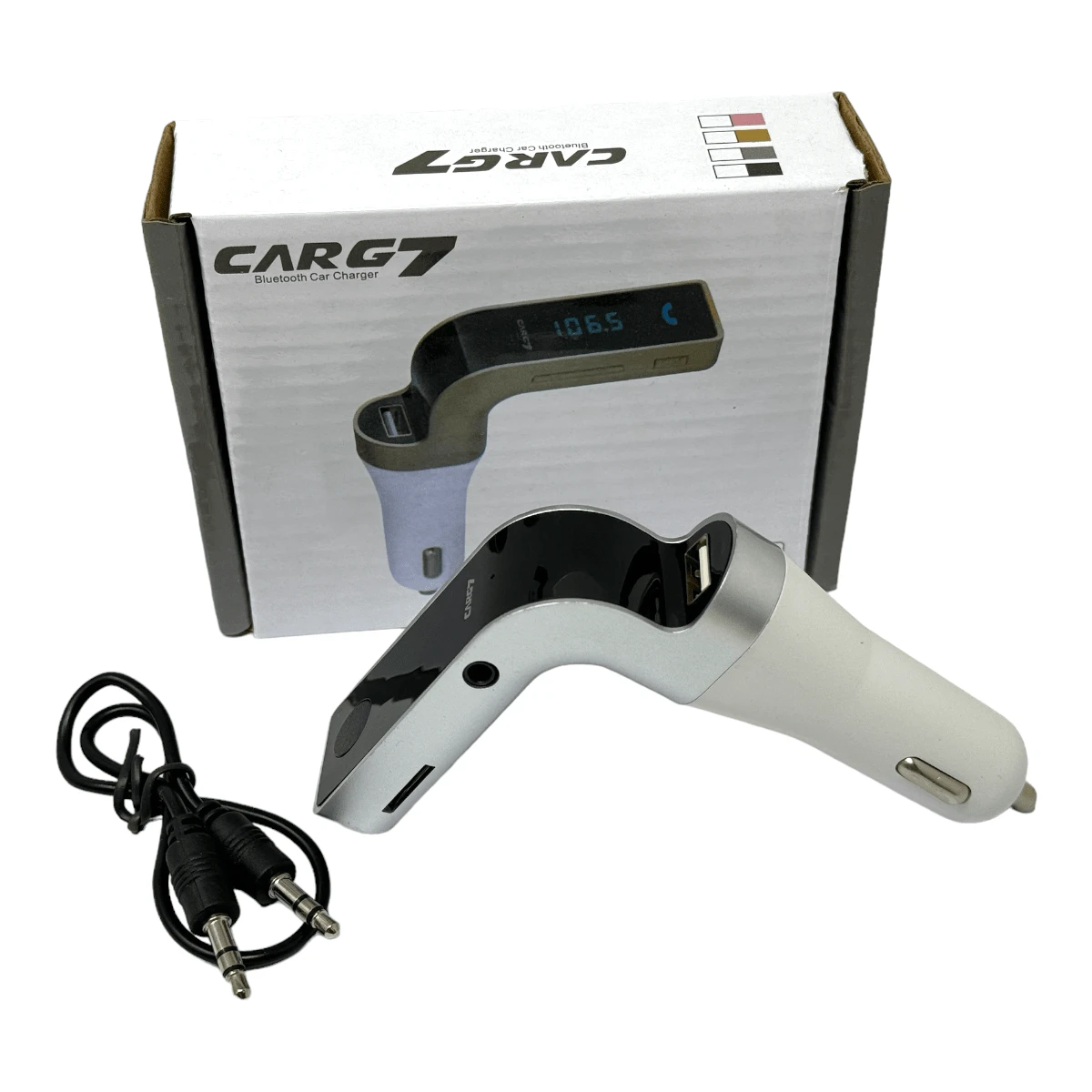 Cargador y Transmisor FM via Bluetooth Con Puerto USB para Mp3 Entrada Auxiliar 3.5mm - Plateado - Ver 1