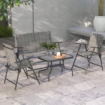 Outsunny Outdoor 4 Pieces Patio Furniture Set With Breathable Mesh Fabric Seat & Backrest, Garden Set With Two Foldable Armchairs, A Loveseat & Glass Top Table