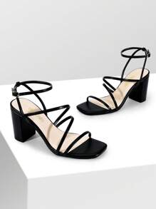 Women Chunky Heeled Sandals For Spring And Summer, Gorgeous Thin Strap Rhinestone High Heeled Sandals For Wedding, Party, Prom Valentines - 黑色 - 查看 4