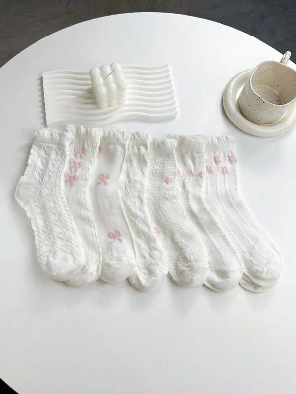 7pairs/Set White & Pink Bowknot Design Bubble Top Women's Mid-Calf Socks