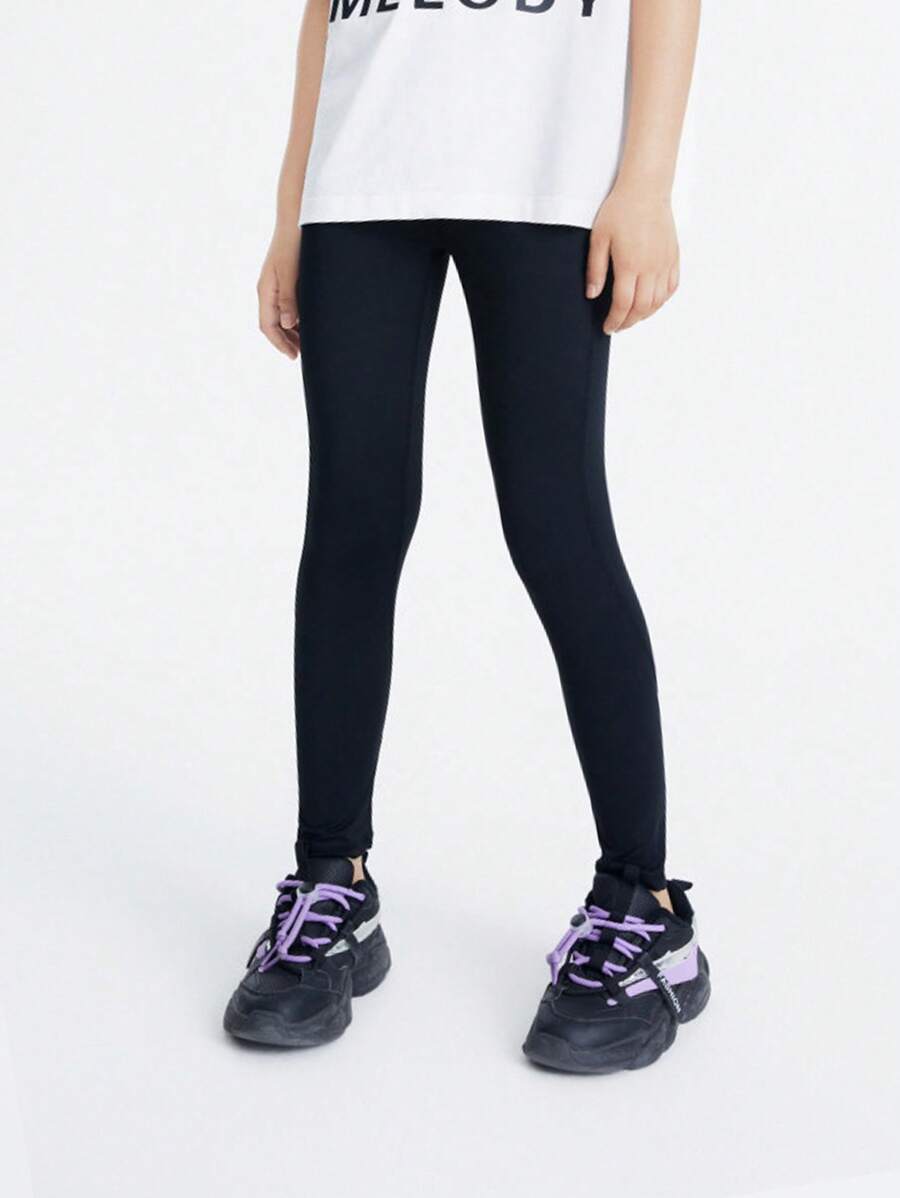 Annil Tween Girl Spring Wear Elastic Casual 9-Point Bottom Yoga Pants - Black - View 1
