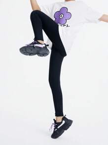Annil Tween Girl Spring Wear Elastic Casual 9-Point Bottom Yoga Pants - Black - View 3