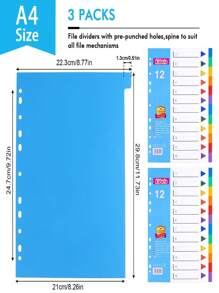 3入組a4文件分隔板,12個部分的文件夾分隔板,多色穿孔拱形分隔頁面,適用於大多數文件,筆記本和活頁夾 - 彩色 - 查看 7