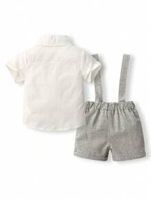 KIMOCAT Trang Phục Mùa Hè Cho Bé Trai, Bộ 2 Bộ Áo Sơ Mi Ngắn Tay Màu Trơn Và Quần Short Có Dây Quần Áo Quý Ông - trắng - Xem 2