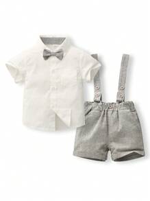 KIMOCAT Trang Phục Mùa Hè Cho Bé Trai, Bộ 2 Bộ Áo Sơ Mi Ngắn Tay Màu Trơn Và Quần Short Có Dây Quần Áo Quý Ông - trắng - Xem 1