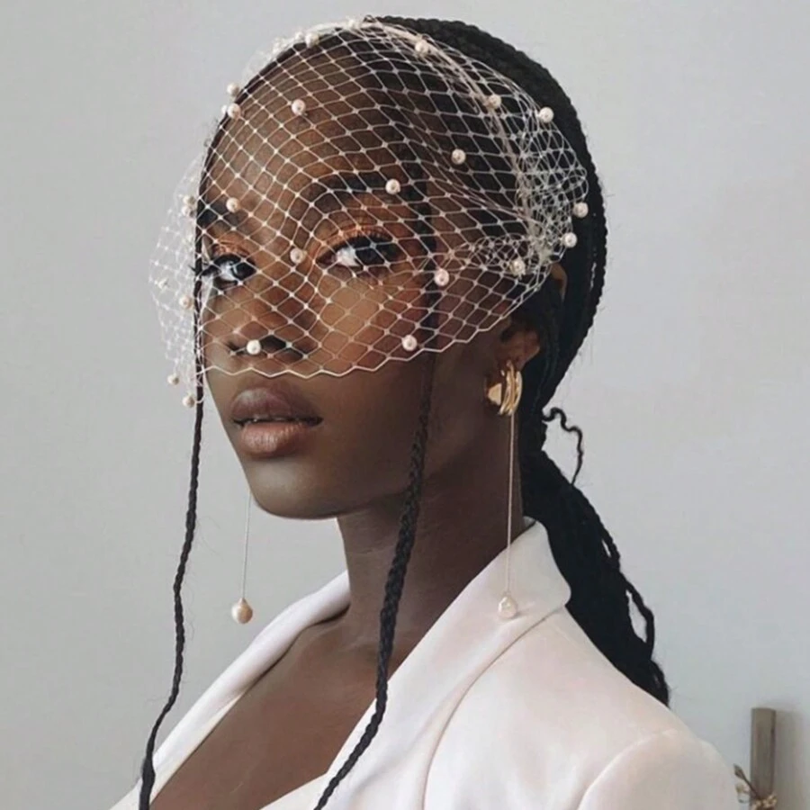 1 pieza Velo de jaula de pájaros negro y blanco misterioso con red, perlas falsas y diadema para fiesta de Halloween, baile de graduación y boda nupcial, accesorios para mujer