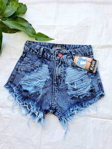 Women Denim Shorts - 中等水洗藍 - 查看 4