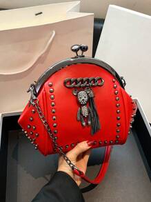 復古鉚釘女士單肩袋,時尚流蘇鏈條斜挎包,貝殼扣手提包,小型專屬摩托車包 - 紅色 - 查看 2