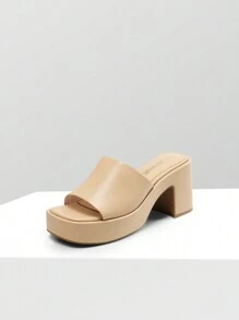 Women Minimalist Square Toe Chunky Platform Heeled Mule Sandals Elegant Slip On Square Open Toe Heeled Sandals For Outgoing School Party Prom - 杏色 - 查看 4