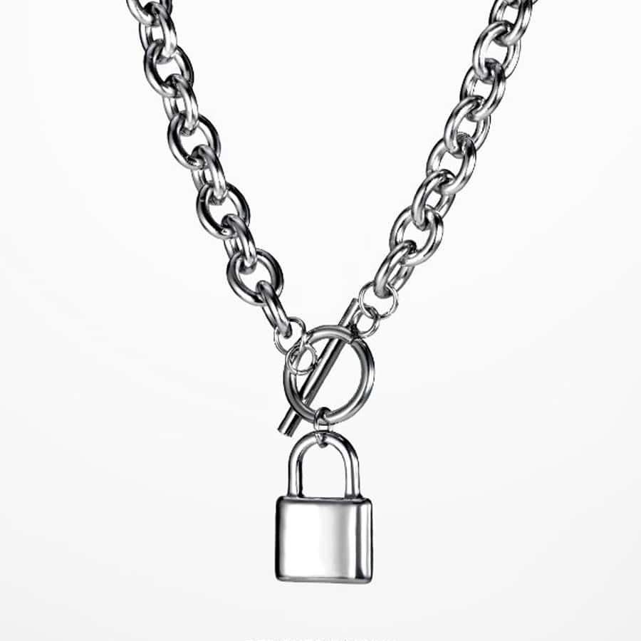 1pc Titanium Steel Necklace With Lock Pendant, Vintage Style, Unisex, Suitable For Couples Wearing - Silver - View 1