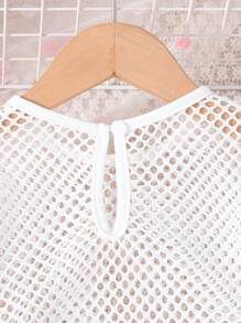 3pcs Young Girl Fashionable Sweetheart Back To School Outfits, Including Solid Color Tank Top, Hollow Out Fishnet Top, And Pleated Mini Skirt, Summer - Purple - View 2
