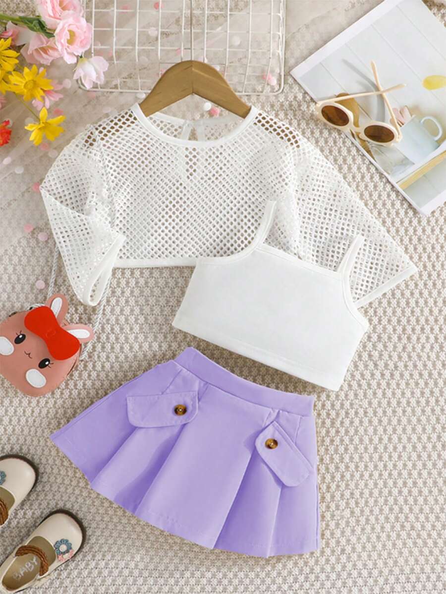 3pcs Young Girl Fashionable Sweetheart Back To School Outfits, Including Solid Color Tank Top, Hollow Out Fishnet Top, And Pleated Mini Skirt, Summer - Purple - View 1