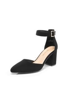 Women's Classic Closed Pointed Toe High Chunky Ankle Strap Heels Pumps  Dress Shoes Fashionable And Elegant For Wedding Office Party, 3 Inches - 黑色 - 查看 3