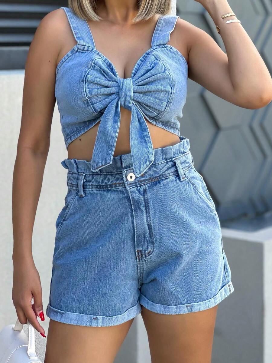 Women Denim Two-Piece Outfits - 中等水洗藍 - 查看 1