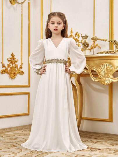 ALISA&LEO Elegant V-Neck Lantern Sleeve A-Line Maxi Dress, Suitable For Tween Girls - Flowing Silhouette With Delicate Sleeve Cuffs, Ideal For Formal Occasions | Suitable For Graduation Ceremonies, Wedding Guest Attire, Religious Events, Formal Dinners, Academic Award Ceremonies And More