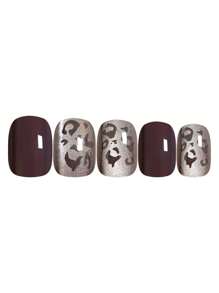 Obtenga 24 Piezas De Juego De Uñas Cortas Y Cuadradas De Moda En Rojo Profundo, Marrón, Estampado De Leopardo, Color Sólido, Rosa Claro Con Brillo, Estilo Simple, Incluye Gelatina Y Lima De Uñas. Adecuado Para Fiestas, Bailes Y Uso Diario Con Una Cobertura Total. - Multicolor - Ver 4