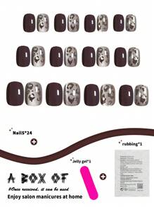 Obtenga 24 Piezas De Juego De Uñas Cortas Y Cuadradas De Moda En Rojo Profundo, Marrón, Estampado De Leopardo, Color Sólido, Rosa Claro Con Brillo, Estilo Simple, Incluye Gelatina Y Lima De Uñas. Adecuado Para Fiestas, Bailes Y Uso Diario Con Una Cobertura Total. - Multicolor - Ver 3