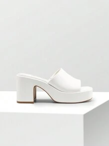 Women Minimalist Square Toe Chunky Platform Heeled Mule Sandals Elegant Slip On Square Open Toe Heeled Sandals For Outgoing School Party Prom - 白色 - 查看 6