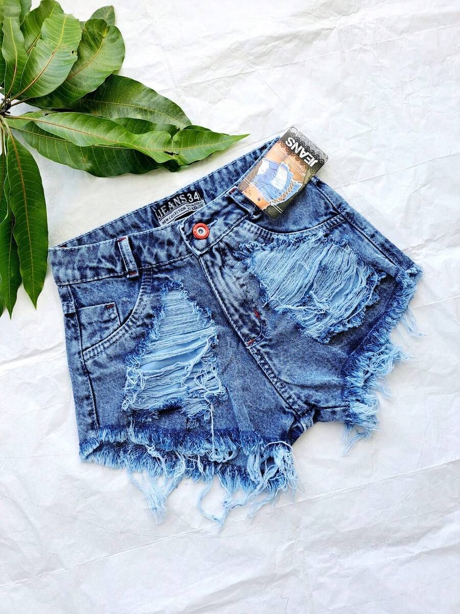 Women Denim Shorts - 中等水洗藍 - 查看 1