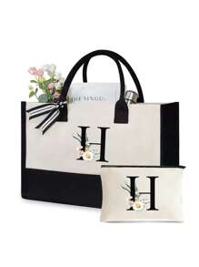 Túi vải bố (1/2 chiếc) kèm ngăn đựng mỹ phẩm, có thể tùy chỉnh họa tiết chữ cái, thích hợp làm quà tặng cho đám cưới, sinh nhật, đi biển, du lịch, dùng làm ba lô, v.v. Món quà tuyệt vời dành cho phụ nữ, mẹ, giáo viên, bạn bè, phù dâu, sinh viên. Thiết kế rộng rãi. - Đen và trắng - Xem 16