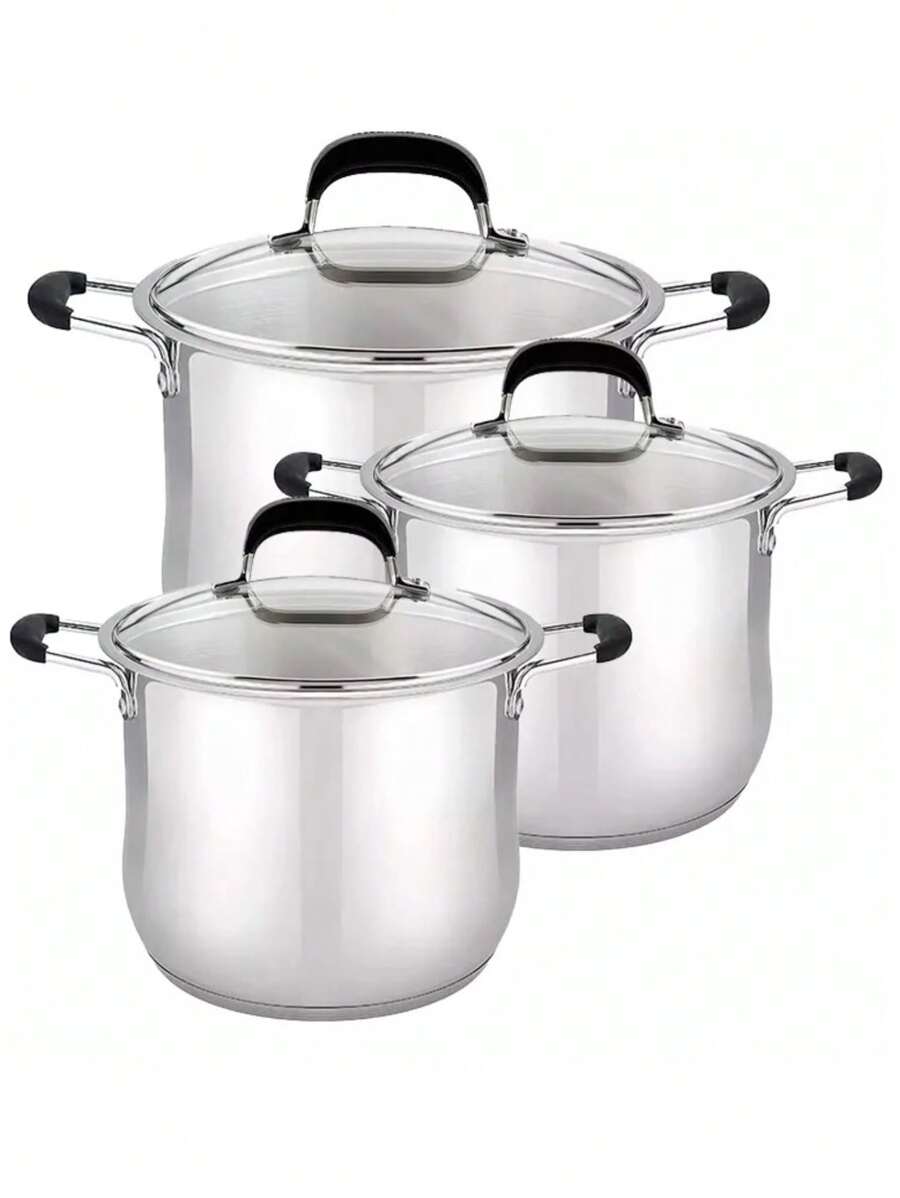 Juego Ollas Cacerolas Acero Inoxidable C/Tapa de Cristal 30, 32 Y 34 Cm - Plateado - Ver 1