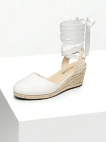 Women's Closed Toe Lace Up Espadrilles Fashion Straps Sandals  Vocation Beach Dressy Summer Platform Wedge Sandals Shoes - trắng - Xem 2
