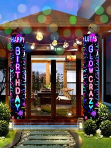 2件/套 30*180厘米 荧光涤纶生日门帘，印有“生日快乐”字样，生日派对背景装饰，室内/室外悬挂横幅，圣诞节 - 彩色 - 查看 4